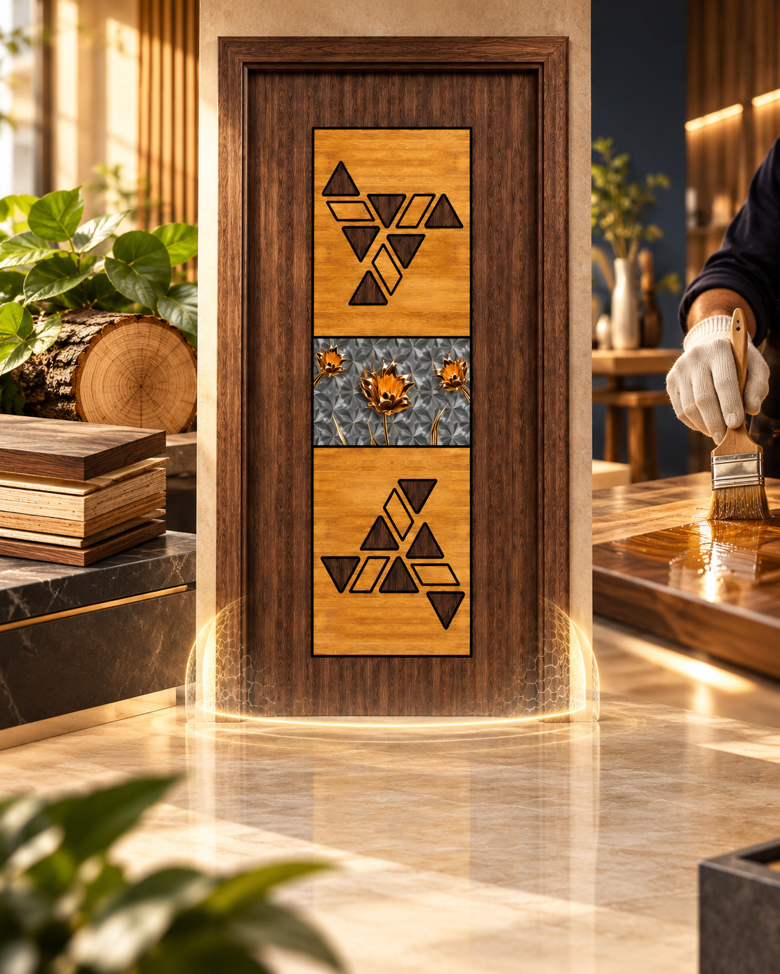 Premium Wudgate wooden door with triangular marquetry panels and a marble inlay centrepiece, in a warm architectural interior