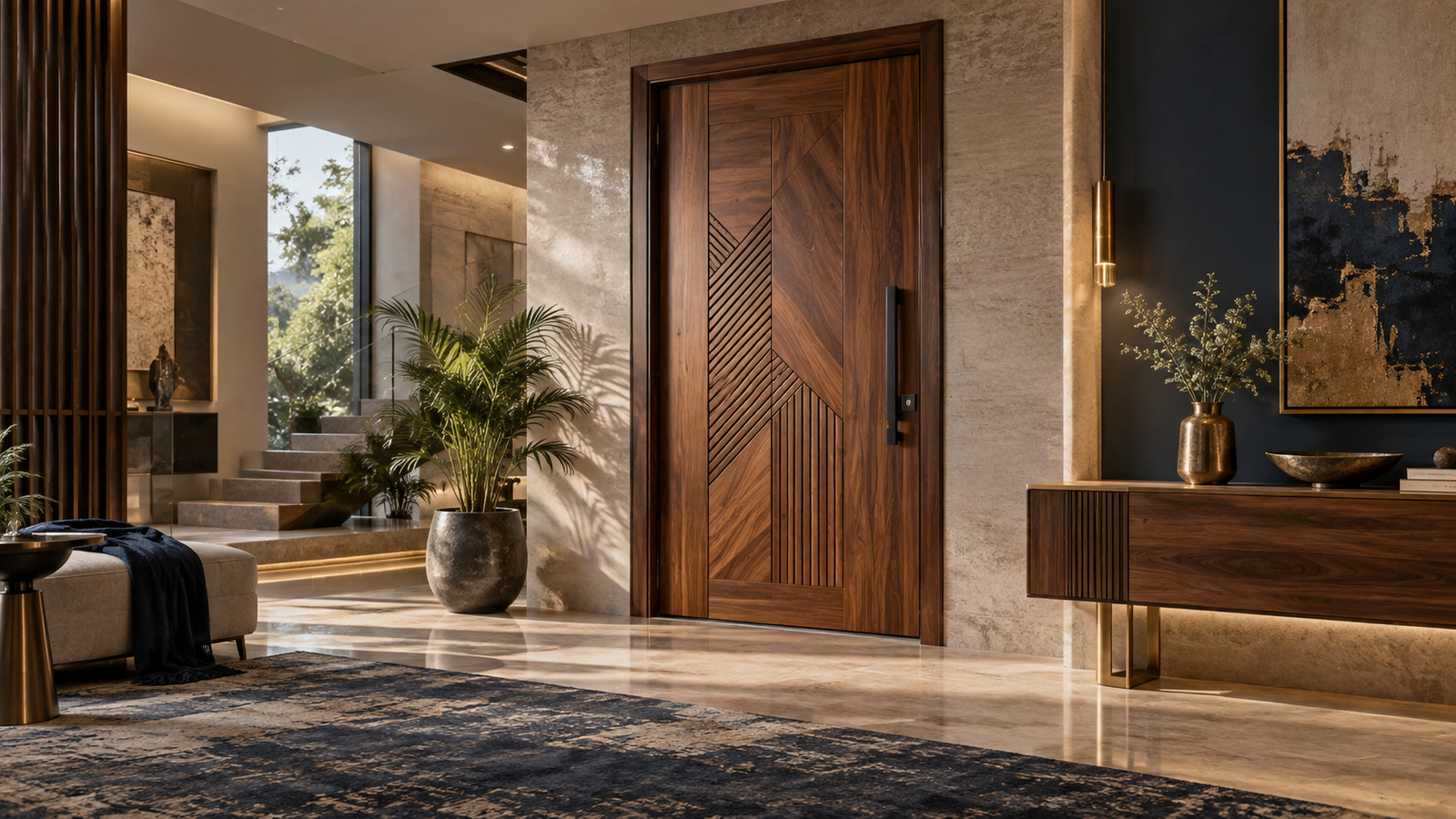 Premium Wudgate wooden entrance door installed in a luxury modern home
